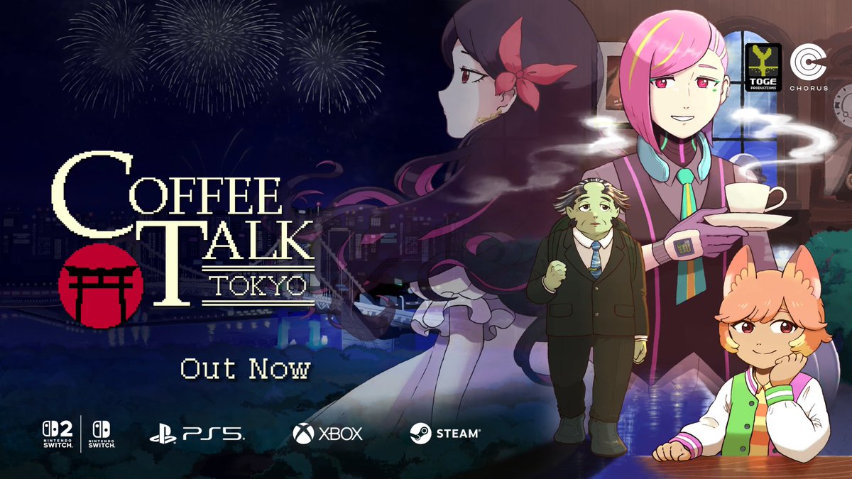 The wait is over, the café is now open. ☕🌃 Coffee Talk Tokyo is officially available worldwide on Steam, PlayStation 5, Xbox Series X|S, Nintendo Switch, and Nintendo Switch 2. 🎮 Tonight, new stories begin in Tokyo. 🗼 #CoffeeTalkTokyo