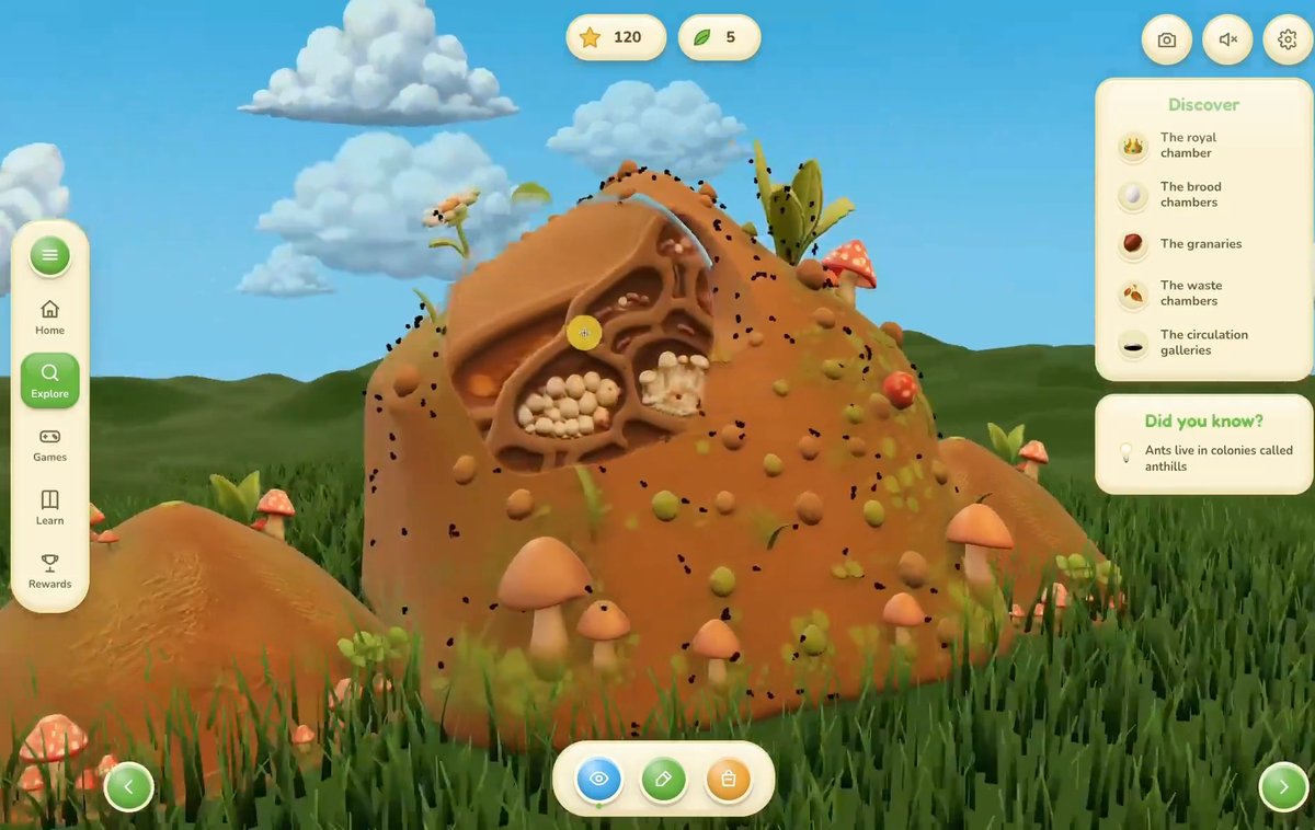 Excited to share a new vibe coded prototype: an interactive lesson on ants and their habitat, designed for elementary school students. AI allowed me to finalize this demo quickly. Some educational details still need review, but the main chambers of an anthill are all represented. Everything was made in Omma AI , a Spline product. What's inside: - 3D models created with Omma, all I needed was one image of the anthill's exterior and another of its cross-section to generate both 3D models - Clouds done with sprites - A custom shader mask to reveal the inside of the anthill This was a really fun one to work on!