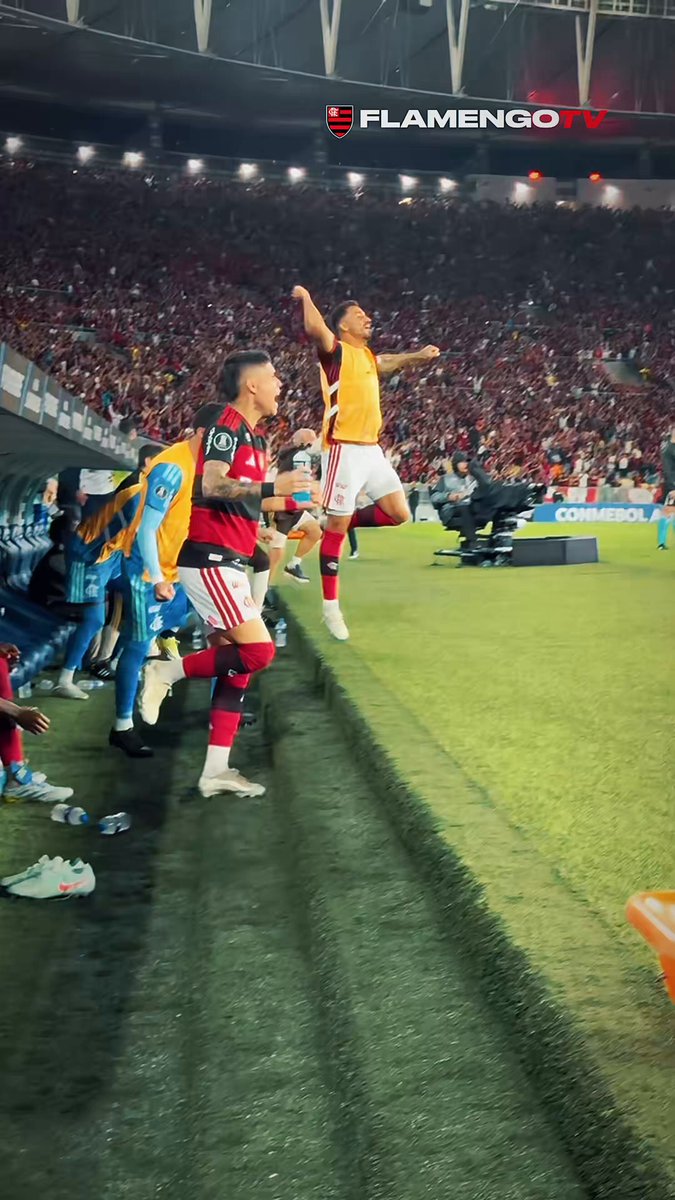 Como o banco do Mengão comemorou o gol de P9! 🏟️ #NoCampo #FLAxEST 🎥: @libertadores