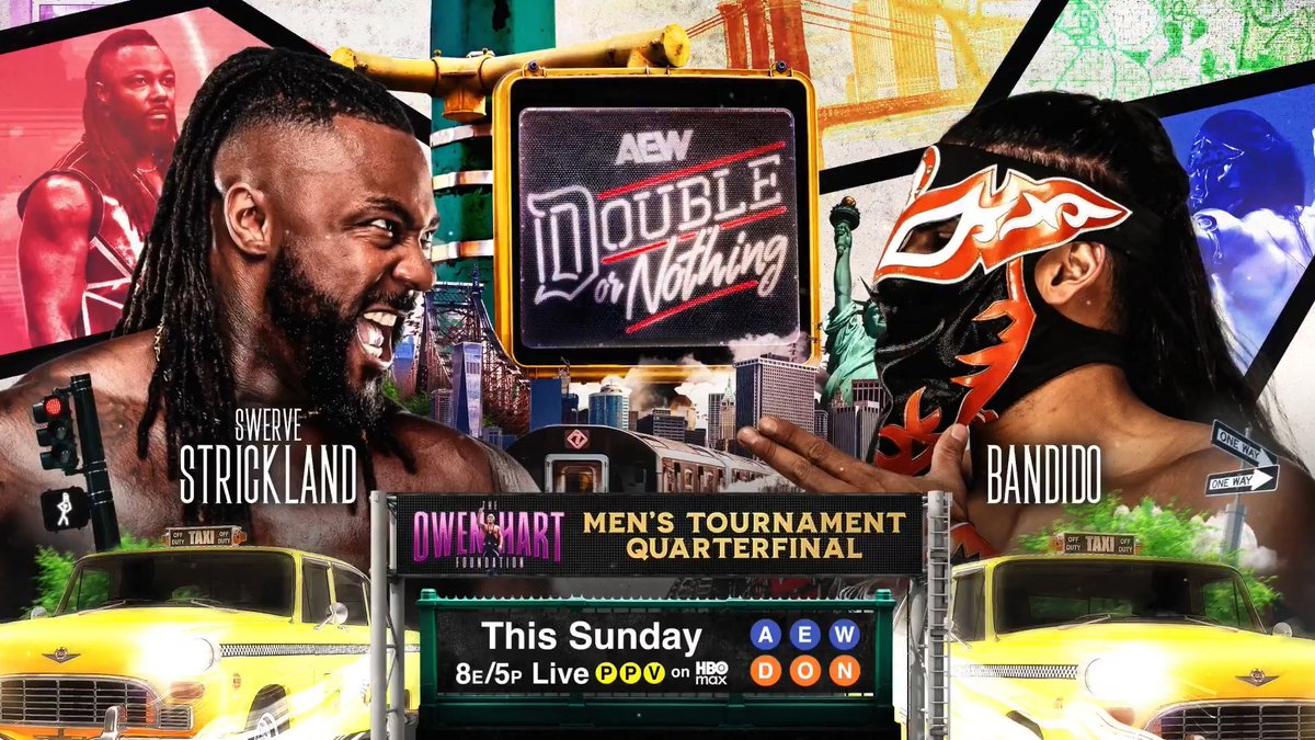 #AEWDoubleOrNothing 8e/5p, HBO Max PPV This Sunday 5/24 #OwenCup Men's Quarterfinal @SwerveConfident vs @BandidoWrestler Swerve has been targeting Bandido, but the Ring of Honor World Champion wants to guarantee that AEW's Most Dangerous Man won't be a danger to anyone, SUNDAY!