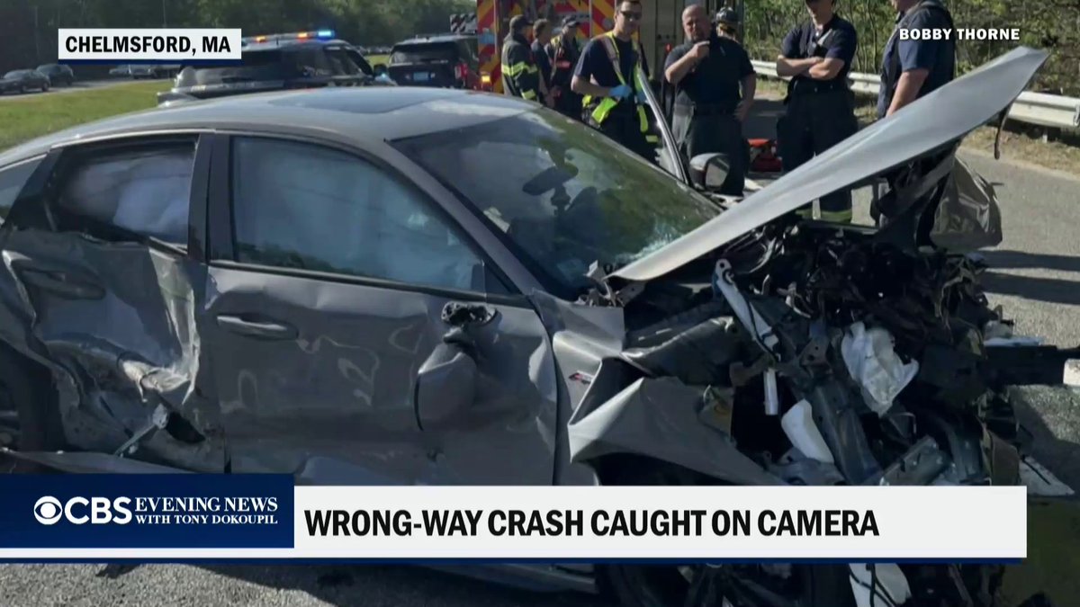 A wrong-way driver in Massachusetts crossed the median into oncoming traffic, crushing one vehicle in a violent crash. Everyone involved is expected to survive.