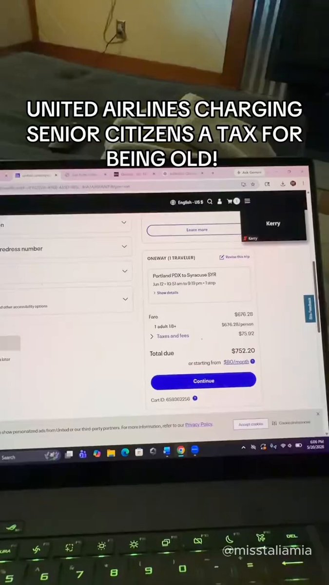 🚨 UNITED AIRLINES CAUGHT CHARGING A GRANDMOTHER $400 MORE JUST FOR BEING OLD — AND PEOPLE ARE FURIOUS A viral video is detonating online after a woman claims United Airlines increased her grandmother’s ticket price the SECOND she entered her birth year into the booking system. At first, the exact same flight showed: • $752 She entered: • Birth year: 1949 Seconds later, the screen updated to: • “Based on traveler information provided, the price of your ticket has changed” New total? • $1,156 She then removed the senior information and entered her OWN younger birthday instead… And the flight dropped right back down to: • $752 Now people online are accusing airlines of using: • age-based pricing • “senior taxes” • algorithmic discrimination • and predatory dynamic pricing systems The comments are absolutely exploding: • “This has to be illegal.” • “How is this not discrimination?” • “They should be giving seniors discounts, not charging them MORE.” • “Corporations are becoming completely shameless.” Others insist there could be: • fare class fluctuations • backend pricing glitches • or travel insurance differences But after watching the video… most people aren’t buying those explanations at all. At what point does “dynamic pricing” become outright discrimination against older people? 📹: TikTok/misstaliamia