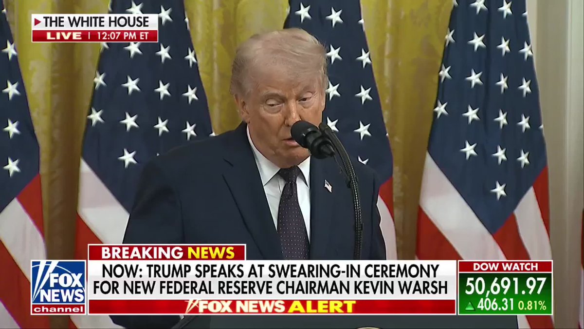 JUST IN: President Trump shares a lighthearted moment during the swearing-in ceremony of Fed Chairman Kevin Warsh, joking that he would rather be a Supreme Court justice than lead the Fed. “I'm not sure. I think I'd rather be a justice between you and I. It might be easier. You're going to find out. You'll be saying, well, that's a very easy job."