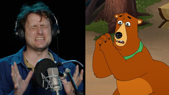 Nick Kroll, Zach Woods, June Diane Raphael and Sabrina Jalees in the booth for their new animated series MATING SEASON. Now on Netflix.