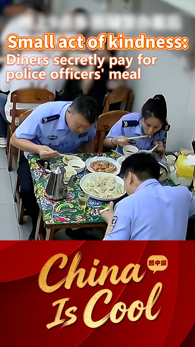 In Bozhou, east China's Anhui Province, police officers stopped at a restaurant to rest and have a meal after handling a case. A group of diners at a neighboring table quietly paid their bill before leaving. After learning what happened, the officers asked the restaurant owner to refund the money and paid for the meal themselves. Thumbs up to this heartwarming act of kindness! #ChinaStory #HeartwarmingMoment (Video via People's Daily)