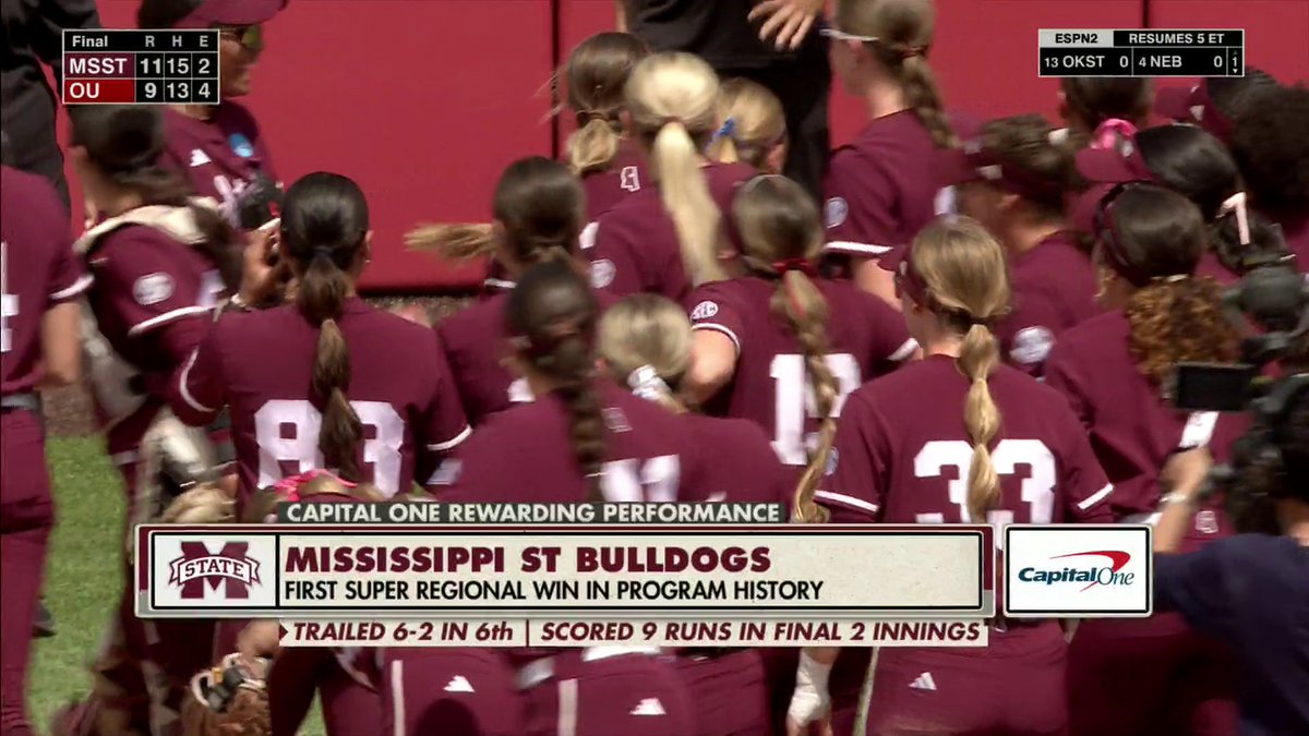 WHAT A WAY TO GET YOUR FIRST-EVER SUPER REGIONAL WIN! Mississippi State Softball scores 9 runs in the final two innings to stun Oklahoma on the road in Game 1.