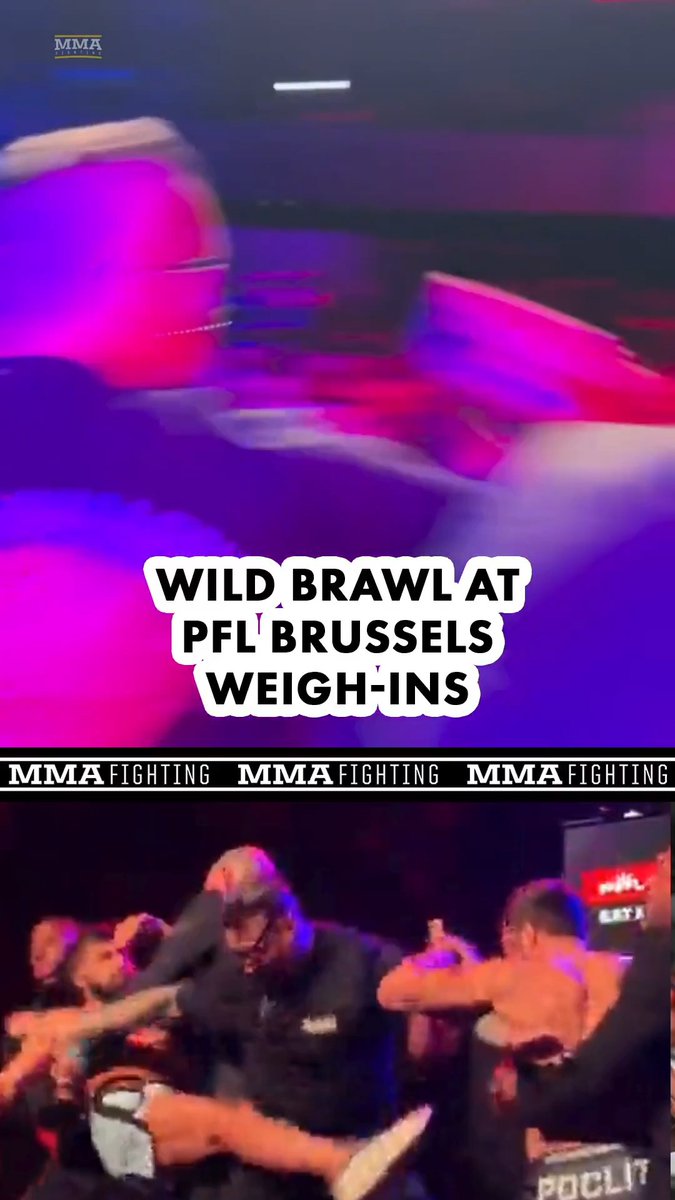 Khamzat Abaev and Luca Poclit brawl during #PFLBrussels weigh-ins, while Dan Hardy does his best to maintain order. 👀 (Via PFL)