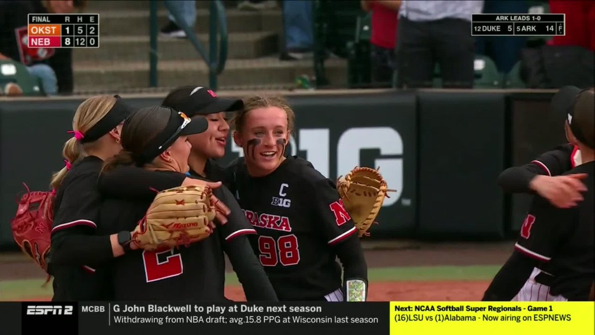 HUSKERS. GAME WON. 👏 #RoadToWCWS x 🎥 ESPN2 / Nebraska Softball