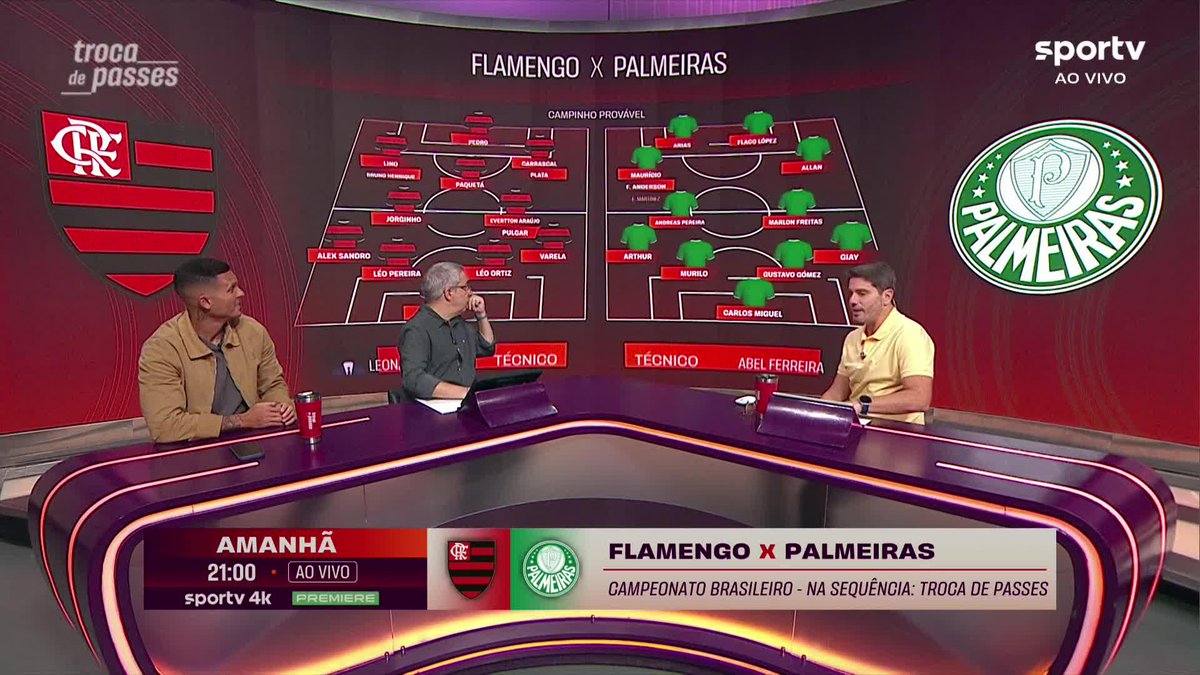 Bancada do #TrocaDePasses fez um "Quem é melhor?" com as prováveis escalações de Flamengo e Palmeiras. Concorda com eles? #Futebol #Brasileirão #Flamengo #Palmeiras