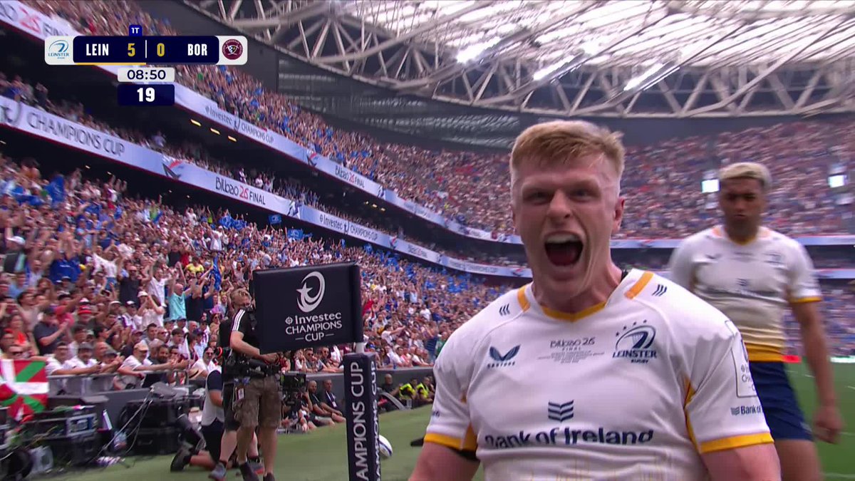 It's Leinster Rugby who strike first in Bilbao! 🔵 Great patience from Leo Cullen's men and it's Tommy O'Brien who gets the try in the corner 🙌 #InvestecChampionsCup