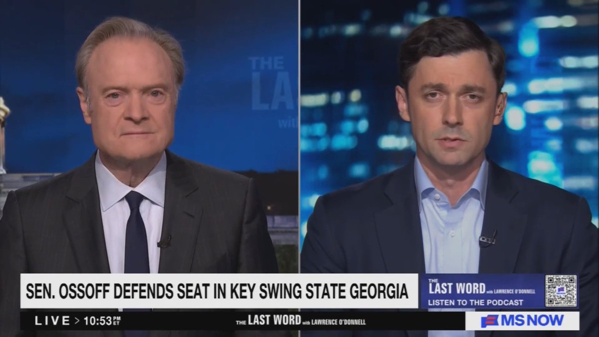Ossoff: I am hearing from Republicans who come up to me on the street, or they approach me at the airport, or maybe they have my number and they give me a call, and they're telling me that they are voting for a Democrat for the first time this year because they've just had enough. The abuses of power, the blatant self-enrichment and corruption, while the American people face all-time high prices for rent and groceries and a meal out at a restaurant and the power bill — the people have had enough. And I believe that a mighty wave is building to rebuke these abuses of power and to restore checks and balances.