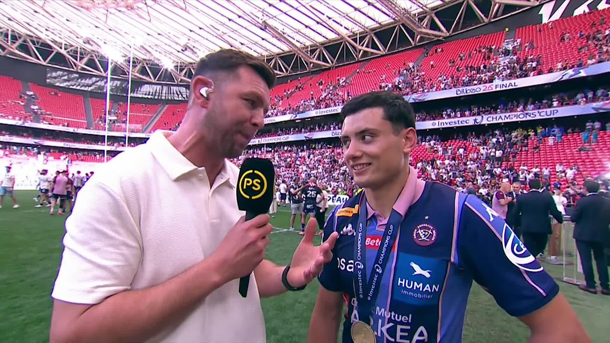 🟣 Bordeaux's Louis Bielle-Biarrey speaks to ryan wilson of the team spirit at the club after winning the Investec Champions Cup for the 2nd straight year "With this team, it is a big family" 🗣️