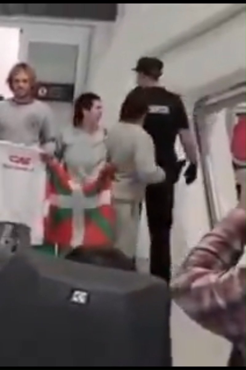 Here are Spanish members of the Gaza flotilla upon returning home, blocking a gate as they take a video, chanting for Palestine. They refused to move, and one member shoved a security officer, leading them to be dragged out of Bilbao airport. Which, of course, they claimed was simply because they were Pro-Palestine. Do you see why it's a little hard to believe what they say?