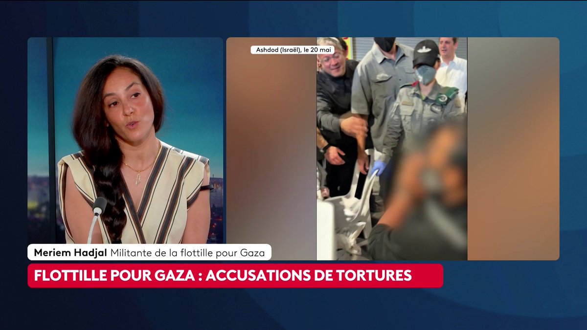 🔴 Flotille pour Gaza : "Un soldat a commencé à me toucher la poitrine, à me tirer les cheveux et le pantalon (...) On nous a traités comme des animaux", témoigne Meriem Hadjal, militante de la flottille pour Gaza, face à Jeanne Baron. #Le23hWeekEnd #canal16