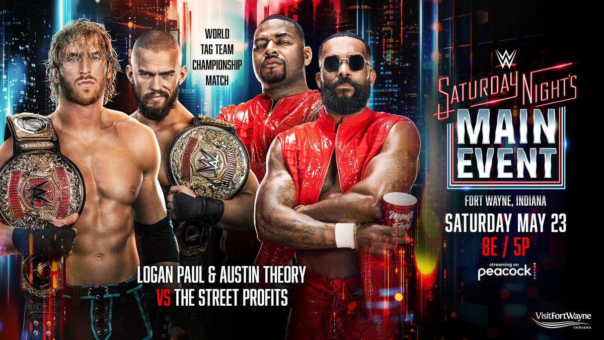 The World Tag Team Championship is on the line when Logan Paul and Austin Theory of The Vision defend against The Street Profits TONIGHT at #SNME! 📺: 8 ET/5 PT on Peacock