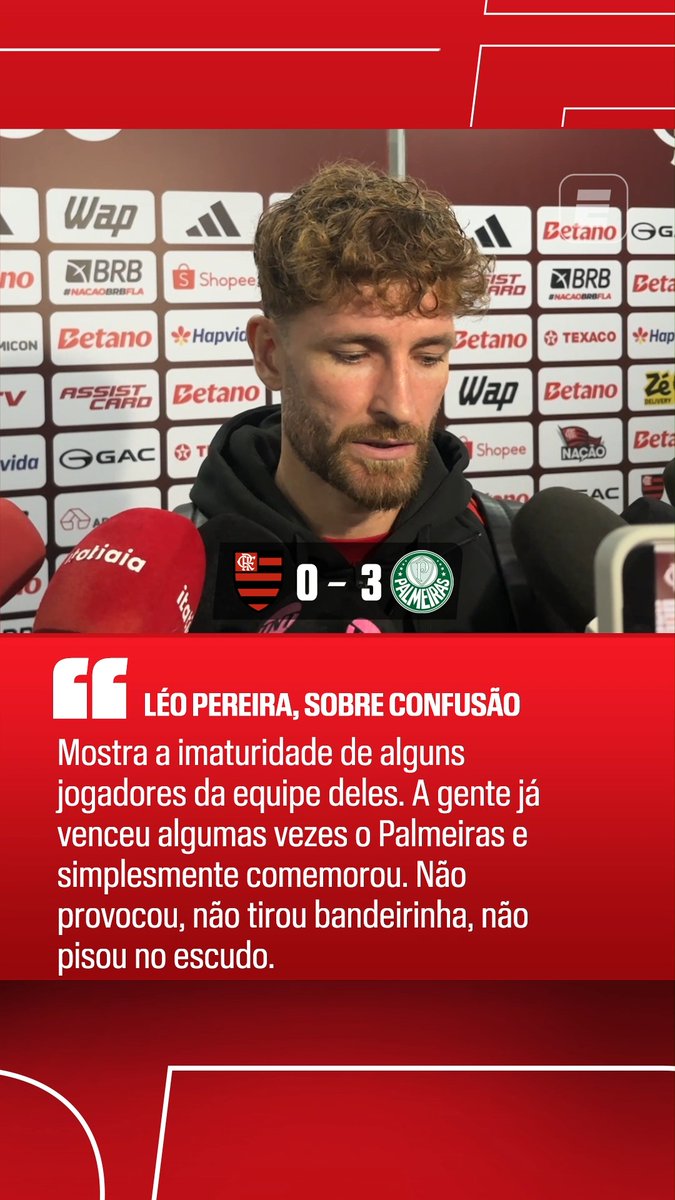 Léo Pereira atribuiu a confusão no final do jogo entre Flamengo e Palmeiras a uma imaturidade de jogadores do Verdão. #FutebolNaESPN