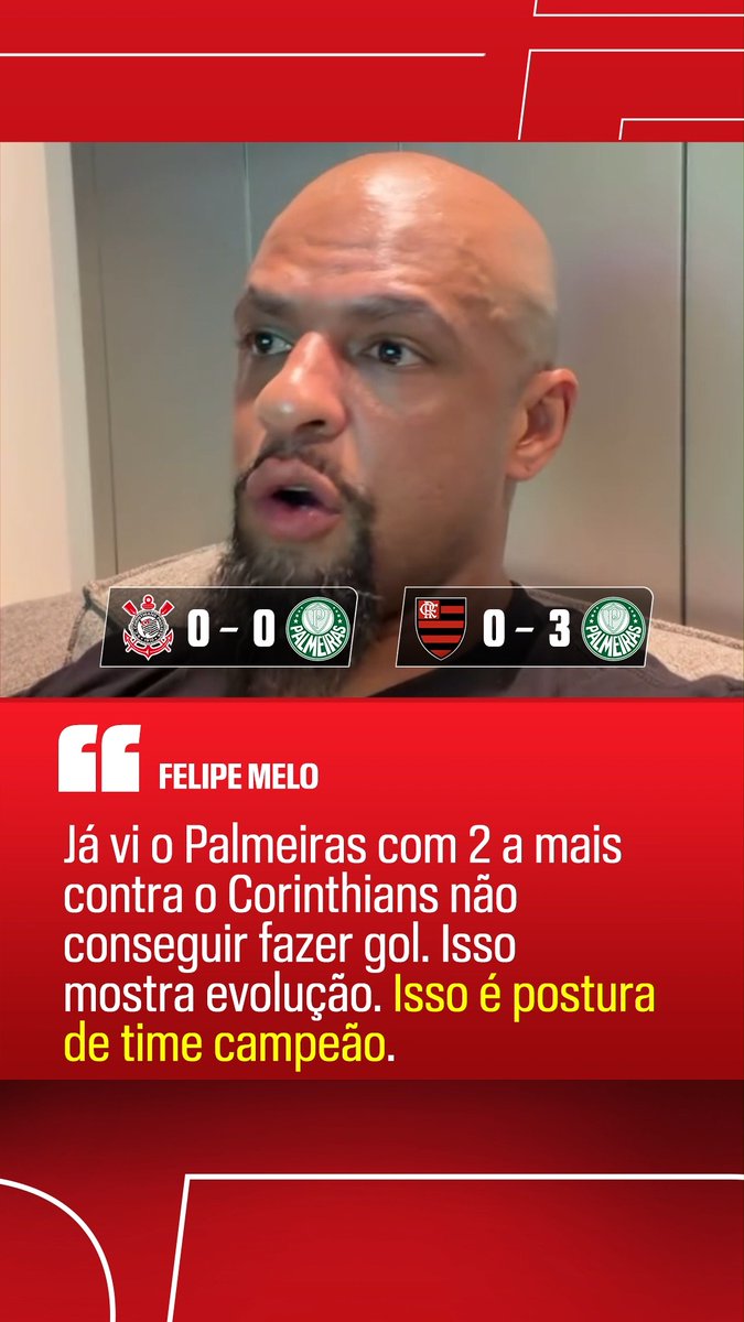 'POSTURA DE TIME CAMPEÃO' - Através de suas redes sociais, Felipe Melo analisou a vitória do Palmeiras por 3 a 0 sobre o Flamengo, relembrou o clássico contra o Corinthians, quando a equipe alviverde também teve superioridade numérica e não conseguiu aproveitar, e fez muitos elogios ao técnico Abel Ferreira! 🎥Felipe Melo #FutebolNaESPN #Flamengo #Palmeiras #Corinthians