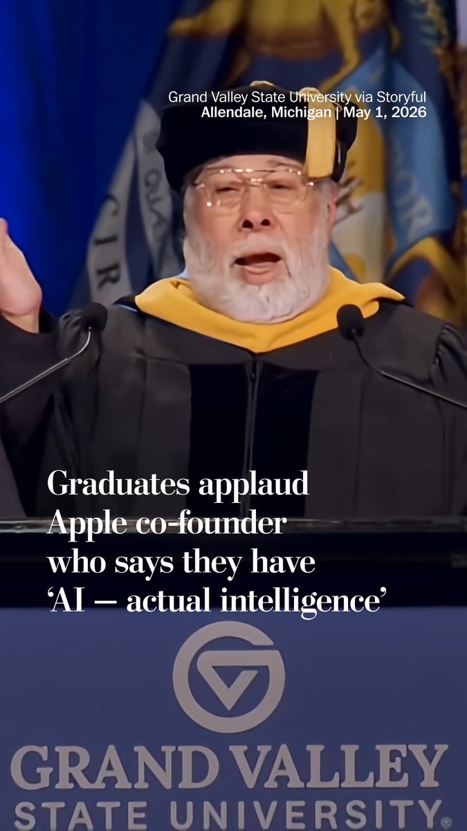 Graduates at Grand Valley State University applauded Apple co-founder Steve Wozniak after he emphasized the importance of their own human intelligence, rather than artificial intelligence, in his commencement speech.