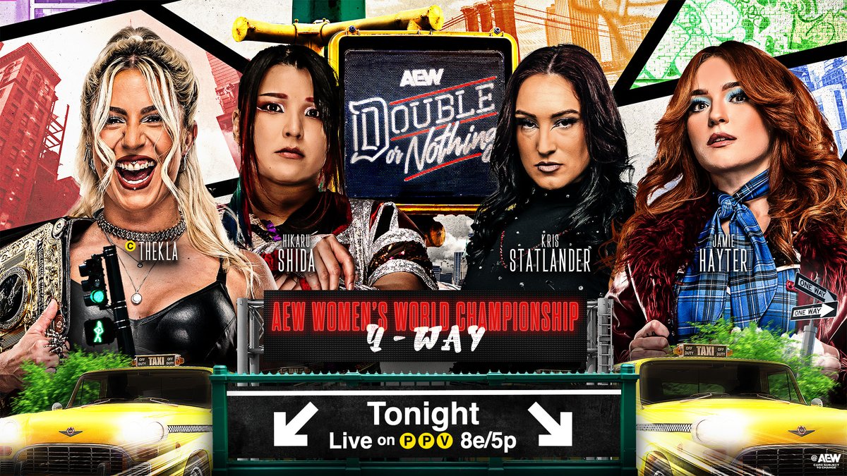 #AEWDoubleOrNothing 8e/5p, HBO Max PPV TONIGHT! AEW Women's World Title 4-Way For the 1st time ever, 4 women who've held the AEW Women’s World Title fight for the belt when champ Thekla テクラ defends vs former champs @ShidaHikaru, @CallMeKrisStat &amp; JAMIE HAYTER at #AEWDoN!