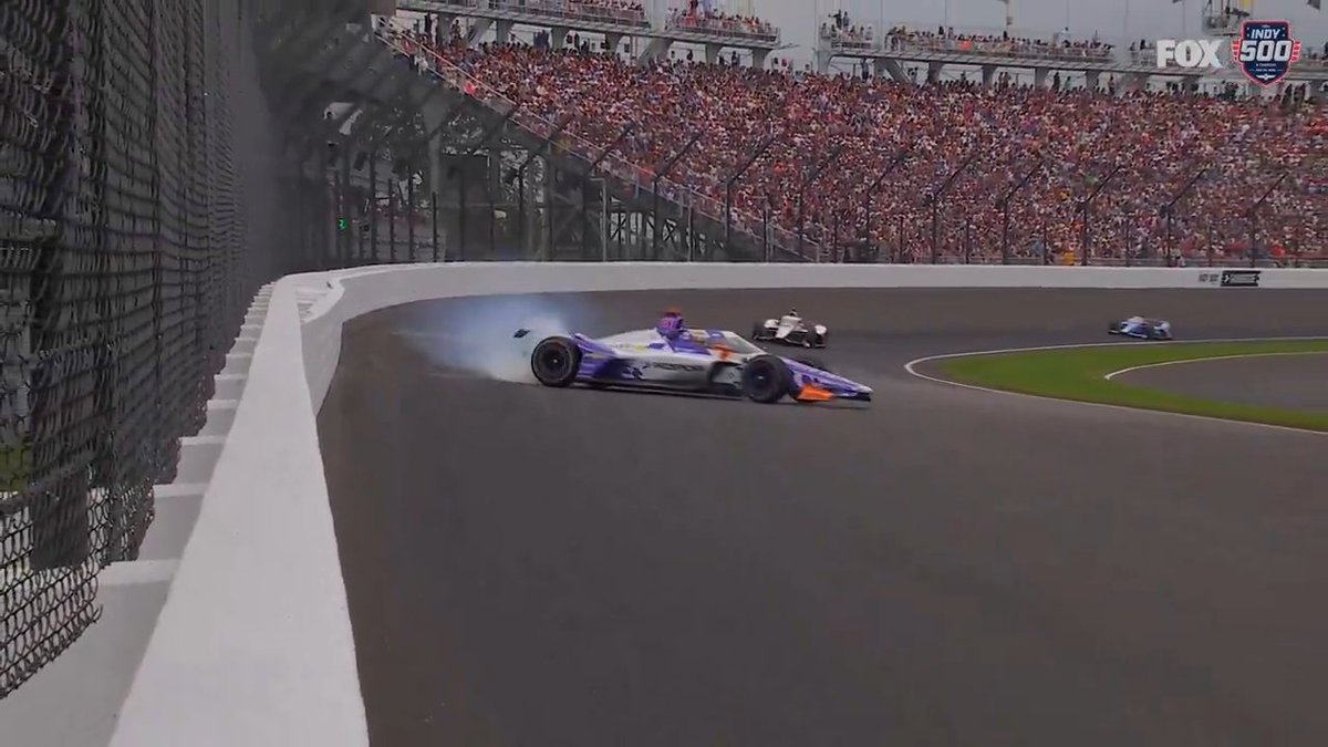 The first caution of the day. Ryan Hunter-Reay spins. Katherine Legge tries to avoid contact.