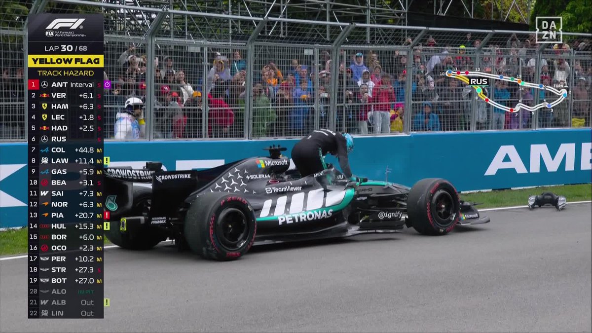 🛑 Los Mercedes también se paran 😦 El momento en el que el Mercedes ha dicho basta cuando Russell lideraba 👀 Se le ha puesto muy de cara el domingo a Antonelli #F1 #CanadianGP