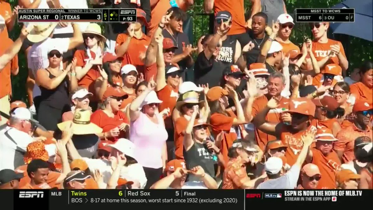 After 17 pitches... Vivi Martinez gets the ball in play 😱 #RoadToWCWS x 🎥 ESPN / Texas Softball