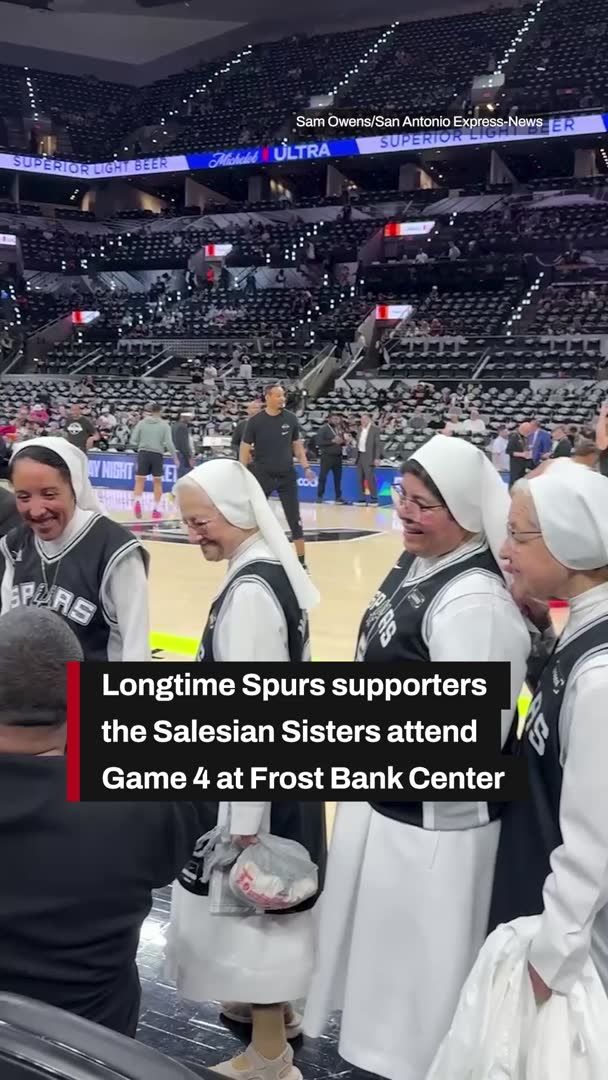 A group of West Side nuns whose fandom dates to Tim Duncan’s early playing days have been cheering on the team from the dining area of their provincial house. Tonight, some of them watched in person at the Frost Bank Center, and blessed one of their favorite players, Luke Kornet, a self-described “lifelong Catholic,” before the game. The Salesian Sisters haven’t jumped on the bandwagon. Their fandom dates back to the late 1990s.