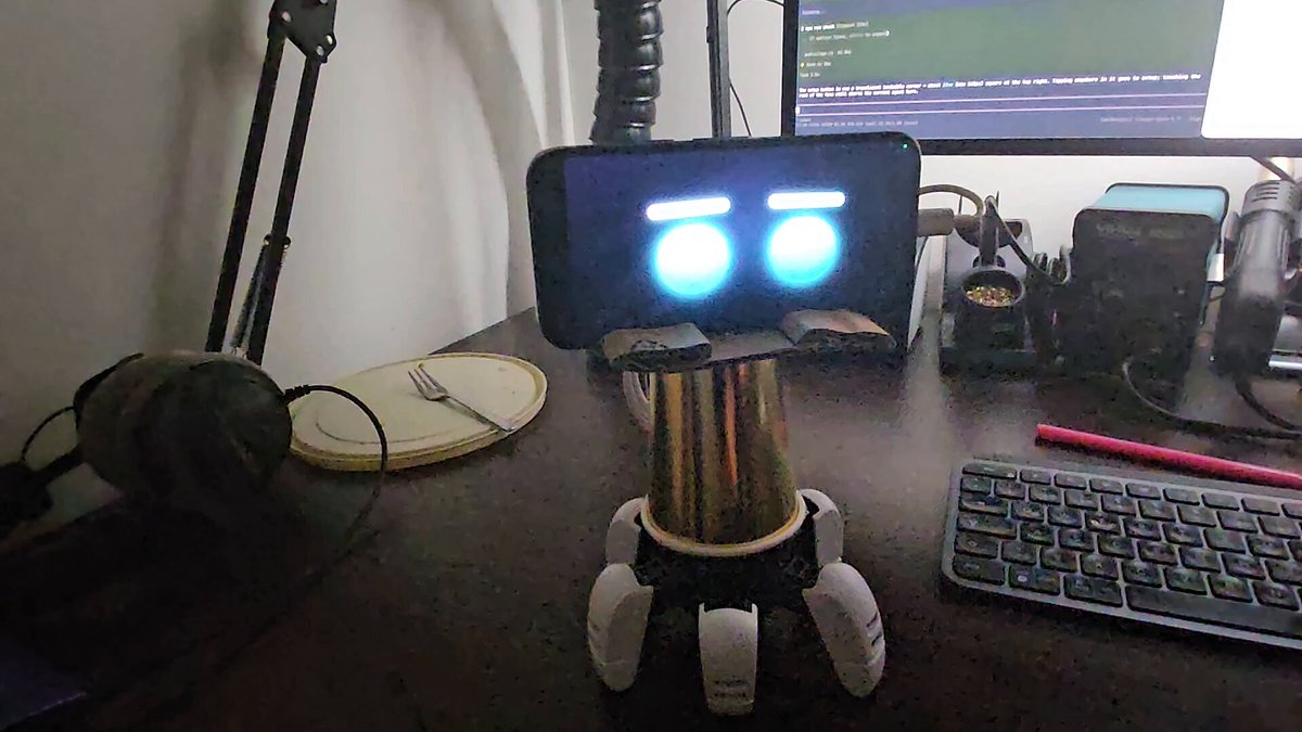 introducing pipi, the shitty robot. brain lives on my laptop, sensors/UI live on the mounted phone. time to completion: 24h (minus sleep, knight festival, lunch, dinner, and play) built with
