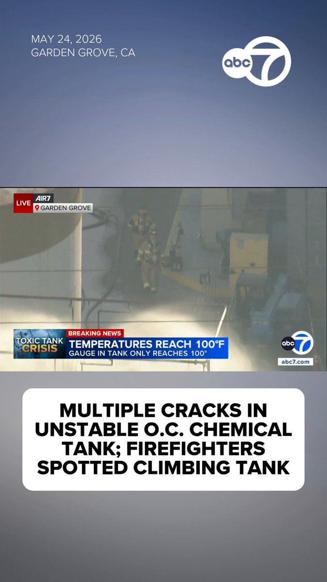 In an update on Sunday evening, Orange County Fire Authority officials said they have discovered multiple cracks in an unstable chemical tank at GKN Aerospace, not just one. AIR7 video shows firefighters climbing a ladder up to the top of the tanks. Read more: