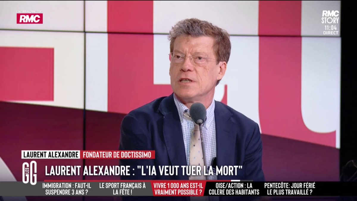 👴🏻 Va-t-on doubler notre espérance de vie ? 🎙️ Laurent Alexandre : "Musk a réaffirmé que grâce à la super IA, les personnes vivantes en 2035 vivront au moins 150 ans. Le patron de l’IA chez Google garantit aussi qu’avant 2040, on saura rajeunir nos cellules" #GGRMC