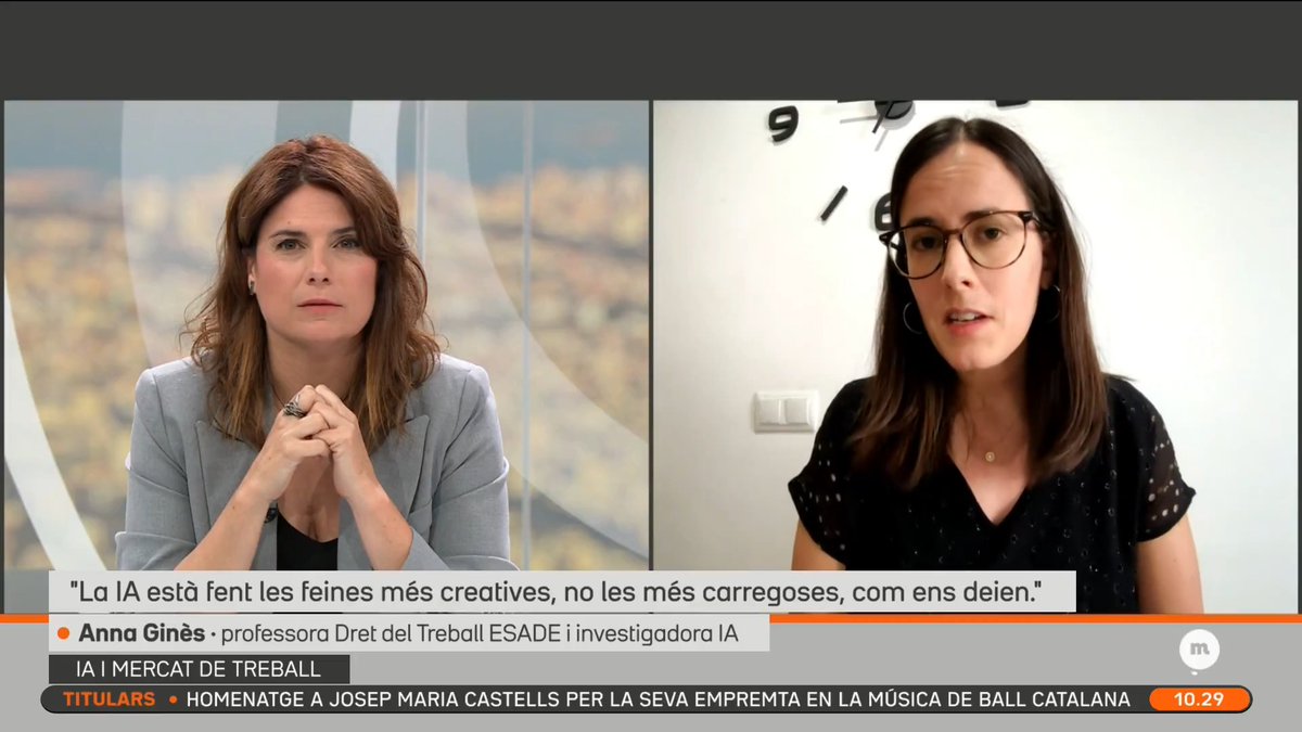 "Hi ha estudis que diuen que a mesura que fem servir la IA deixem de treballar unes determinades habilitats." Anna Ginès, professora de Dret del Treball a Esade, es mostra "preocupada" per l'impacte negatiu que pot tenir l'ús reiterat de la IA #Matins3Cat
