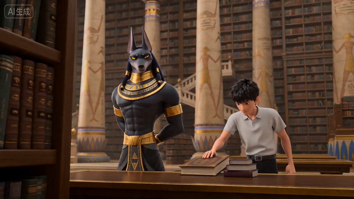 Anubis in the library. Generated with Seedance 2.0 Prompt: 现代中国3D动画风格。 场景一:在一座大型埃及图书馆里,我们看到威严的胡狼神阿努比斯双手背在身后,神情漫不经心地审视着书架,姿态威严。这时,他注意到一个年轻人正伸手去拿附近桌子上一本关于仪式的书籍。阿努比斯见状,迅速夺过书本,用一只手臂高高举过头顶,露出腋窝,用他那温和而坚定的语气说道:这本书不适合像他这样的人。 场景二:年轻人一脸失望,但随即露出狡黠的笑容,问阿努比斯是否怕痒,同时伸手去挠阿努比斯举起的手臂的腋窝,这让阿努比斯有些摸不着头脑。 场景3:特写镜头,人类的手在阿努比斯的腋下上下滑动手指,不断重复这个动作。背景中传来阿努比斯压抑的咯咯笑声,表明他确实很怕痒。 场景4:特写镜头,阿努比斯的上半身,人类的手继续在阿努比斯的腋下上下滑动手指。阿努比斯闭着眼睛,咧嘴大笑,发出压抑的咯咯笑声。 场景5:人类继续用手挠阿努比斯的腋窝,阿努比斯闭着眼睛咯咯笑着。阿努比斯的笑声证实了他确实很怕痒,然后他又开始咯咯地笑,而人类则继续挠他的腋窝。 场景6:阿努比斯继续咯咯地笑着,最后把书扔到地上,用双臂环抱住自己,捂住腋窝。人类停止了挠痒,拿起书。阿努比斯咯咯地笑着,似乎还沉浸在刚才的笑声中,一边笑一边说他讨厌被挠痒。人类笑着接过书。 阿努比斯肌肉发达,手臂和脖子上都戴着环。他的声音低沉、磁性而富有磁性。阿努比斯的腋窝被挠痒了。