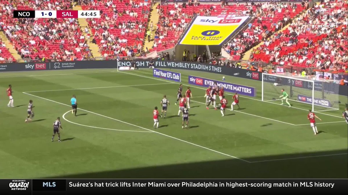 "League One looms large for Notts County." Notts County double their lead just before HT from the brilliant Lucas Ness header ✌️ Watch Notts County vs. Salford City in the League Two playoff final live on Paramount+ 📺