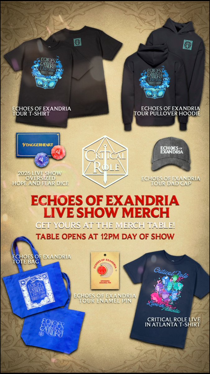 MERCH FROM THE MAELSTROM KINGDOM 🌊 👑 Check out the exclusive inventory additions arriving at our Atlanta, GA LIVE show tomorrow, 5/26! Join us as our mystical merch booth opens at the Gas South Arena at 12PM local time, where enchanted items await you from beneath the Exandrian waves... (As a note, Gas South Arena is a cashless venue)