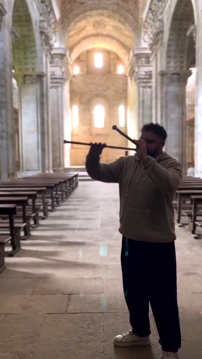 Turn the sound ON 🔊 Abraham Cupeiro on the aulos. The aulos is the double-piped reed instrument from ancient Greece &amp; Rome. He blows both pipes at the same time, filling the Mosteiro de Sobrado dos Monxes with that mythic sound.