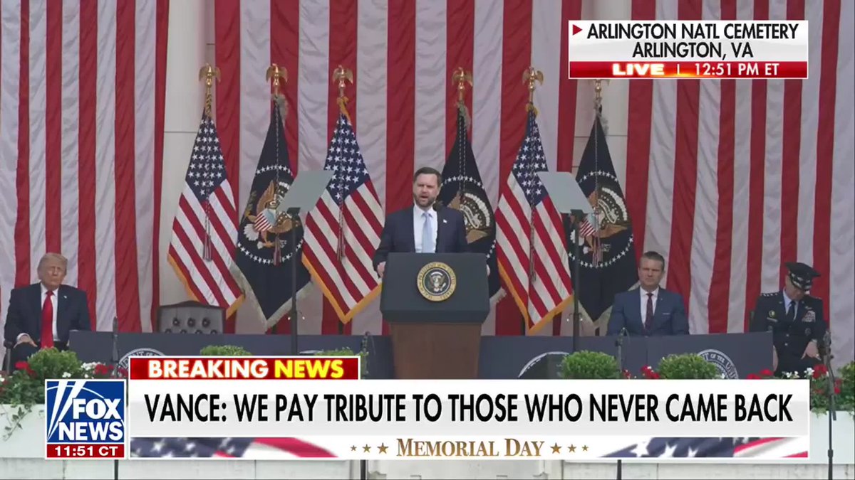 JUST IN: Vice President JD Vance delivers a powerful Memorial Day message, calling on Americans to live as the "very best version" of themselves to honor the ultimate sacrifice of the nation's fallen heroes. Vance reminded the nation that every cherished moment with loved ones was paid for by total strangers who laid down their lives to protect American freedom. "On this Memorial Day, I just ask two things of all of our fellow Americans. The first is that we be the very best version of ourselves in honor of those who gave everything that this nation might be worthy" "And that second, we always remember that every moment that we're able to enjoy with our loved ones, everything that gives our life and our nation meaning and purpose was given to us, often by total strangers who laid down their lives that this might be the best nation in the history of the world."