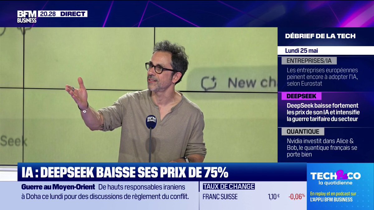 IA : Deepseek baisse ses prix de 75 % "C'est une stratégie de dumping : il distribue massivement, quasi gratuitement, leurs modèles, et à côté ils font en sorte que tout le monde aille sur Alibaba car le token est très bas" 💬Michel Levy Provençal 🎙️Frédéric Simottel