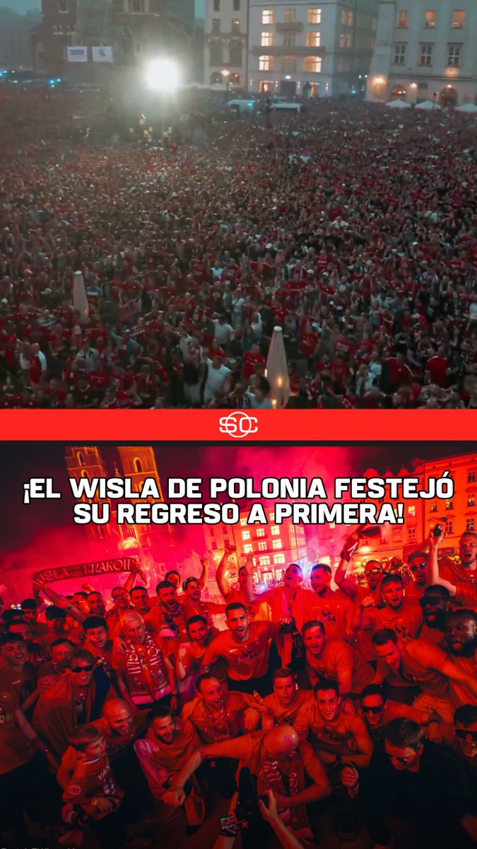 ESTO ES FANTÁSTICO: Wisla vuelve a la Primera División de Polonia después de 4 años y lo festejó copando la plaza central de Cracovia. TREMENDO. 📹 X/ewciakrk