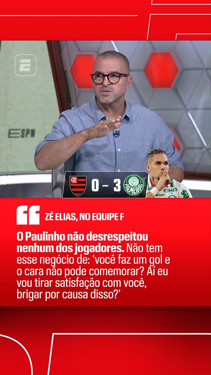 “O Paulinho não desrespeitou ninguém. Por que os jogadores do Flamengo não falaram nada quando a torcida xingava os jogadores do Palmeiras e vaiava o Andreas Pereira? E o Paulinho é vascaíno, todo mundo sabe.” 🎙️ Zé Elias. 🎥 ESPN Brasil | SportsCenter Brasil