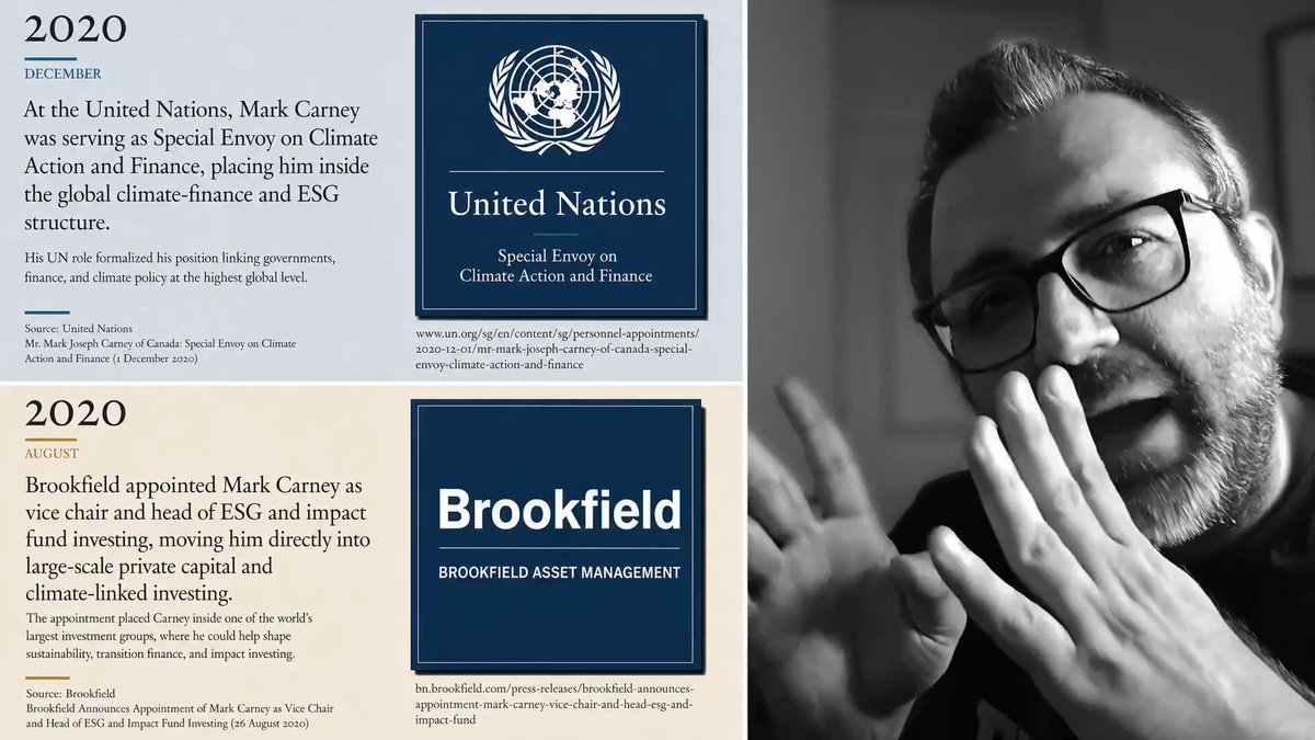 🚨𝗜 𝗙𝗜𝗡𝗔𝗟𝗟𝗬 𝗙𝗢𝗨𝗡𝗗 𝗜𝗧!!! Brookfield’s CEO said on camera: That they hired Carney while he worked at the UN to help them pull capital into Brookfield. So the guy helping build the ESG rules ended up being hired by Brookfield to cash in on it at the same time?
