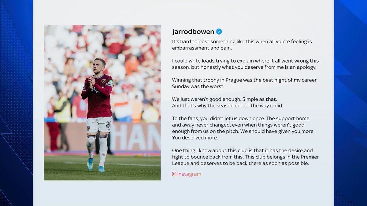 Jarrod Bowen has released a statement apologising to the West Ham fans following their relegation from the Premier League ✍️⚒️