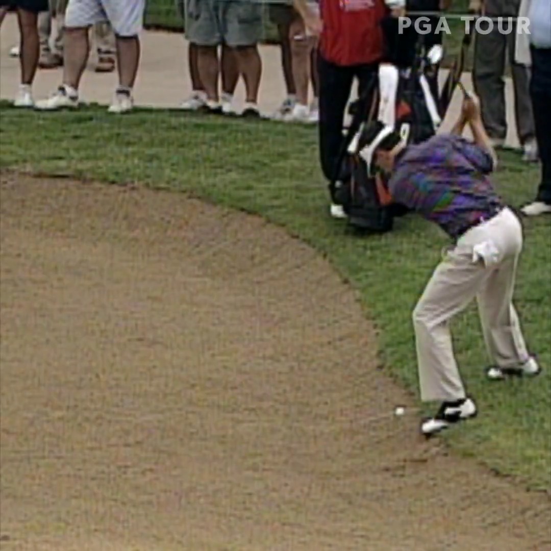 Now THAT’S a bunker shot 👏 Larry Mize with an up-and-down for the ages Charles Schwab Challenge. #TOURVault