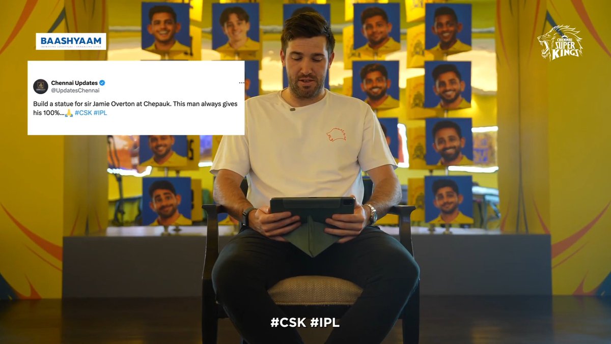 Jamie Overton reacted to a fan's tweet about building a statue of him at Chepauk 🗣: "A statue would be great but I think I might be a bit early for that. There's one man who deserves a statue before me — MS Dhoni. He's the King of Chennai. He's the King of CSK." 🥹❤️