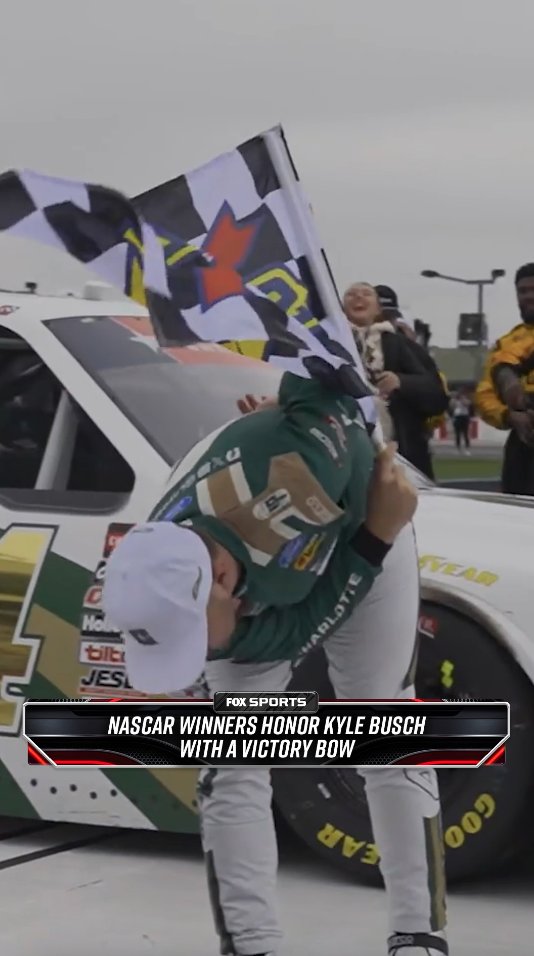 Layne Riggs, Ross Chastain, and Daniel Suarez each honored Kyle Busch at Charlotte Motor Speedway with Rowdy's signature victory bow.