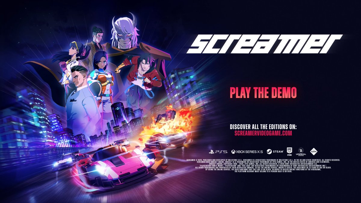 Take Screamer for a test drive. Download the Demo today to experience a unique blend of arcade racing and anime styling. Out now on PS5, Xbox &amp; PC.