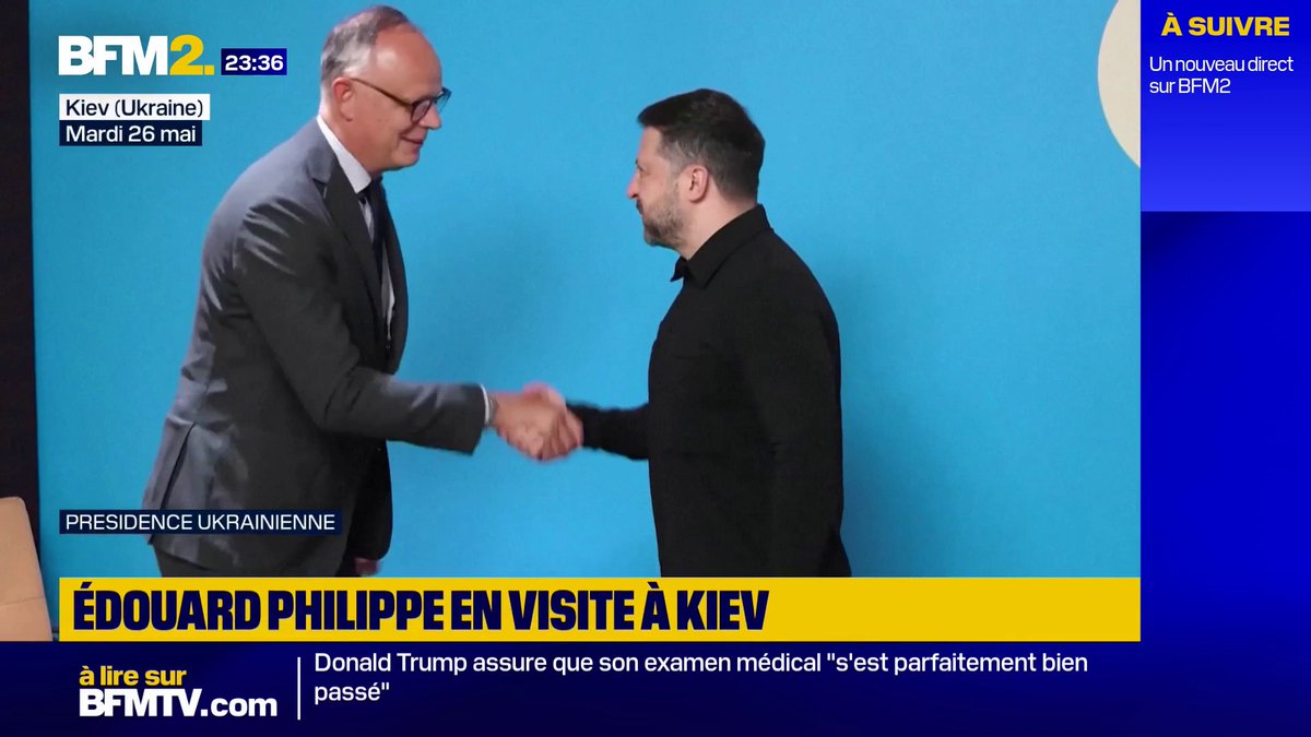 Le candidat à la présidentielle Édouard Philippe a rencontré Volodymyr Zelensky à Kiev, lors de sa visite en Ukraine, avant de rendre hommage aux victimes de la guerre, ce mardi #BFM2