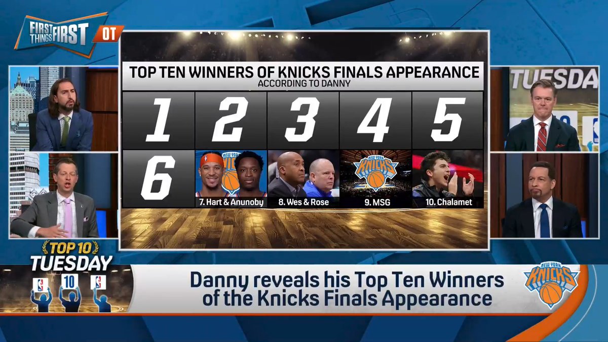 .Danny Parkins breaks down the Top Ten winners of the Knicks Finals appearance 👀 1. ??? 2. KAT 3. Knicks Fans 4. ??? 5. ??? 6. ??? 7. Hart & Anunoby 8. ??? 9. MSG 10. ???