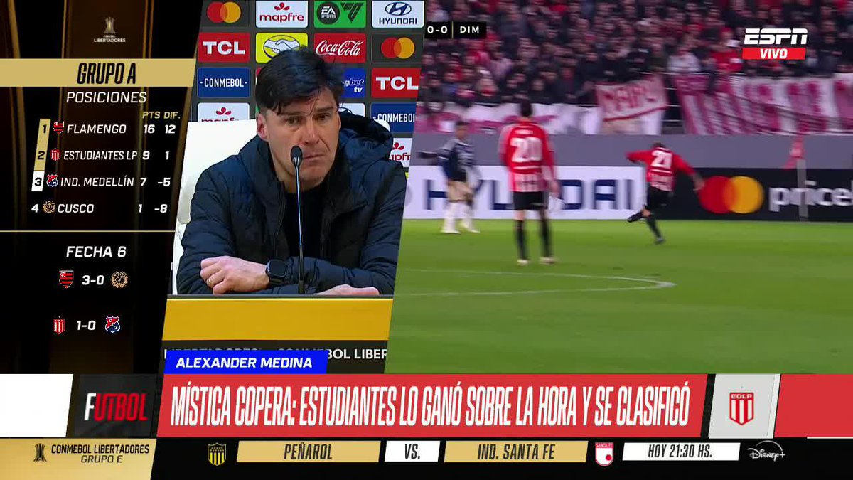 "LO GANAMOS CON EL ALMA, CON EL ESPÍRITU... UN PARTIDO LLENO DE MÍSTICA." El Cacique Medina habló sobre el triunfo agónico de Estudiantes al DIM para avanzar a los octavos de la CONMEBOL #Libertadores. 📺 #ESPNF1O | #DisneyPlus Plan Premium