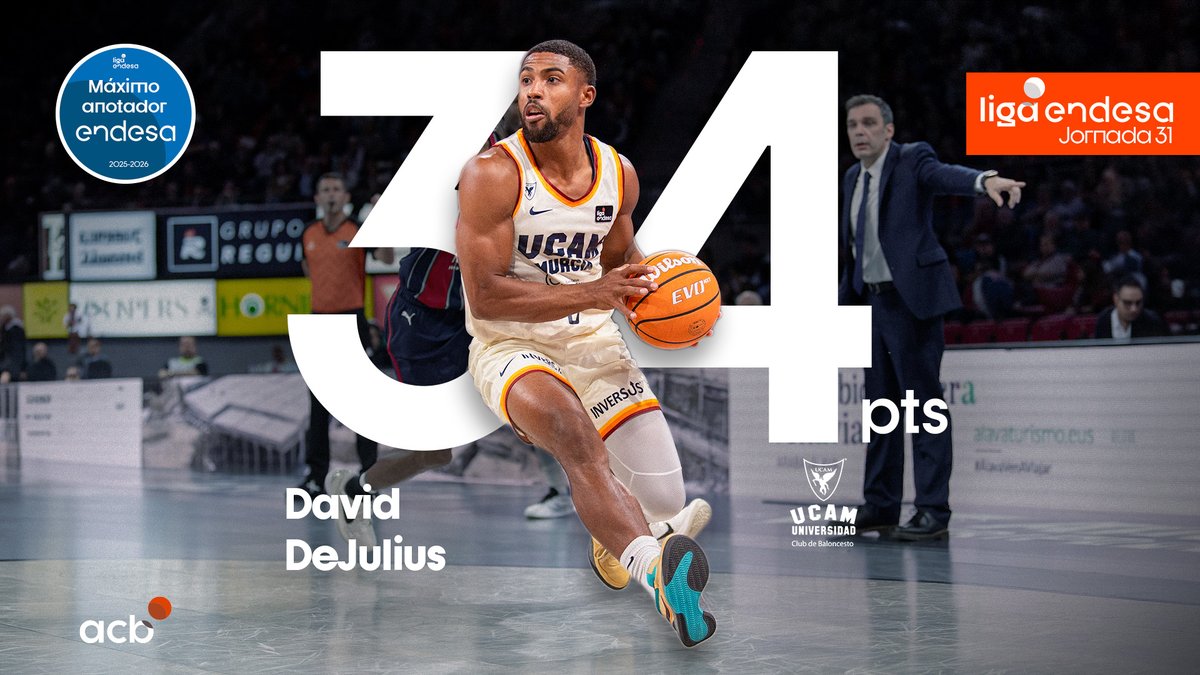 David DeJulis rozando ser un extraterrestre 👽🪐 Con sus 3⃣4⃣ PUNTOS ante Kosner Baskonia en la J31, se convierte en el MÁXIMO ANOTADOR ENDESA de ese fin de semana. 😜 Muy loco, David DeJulius #LigaEndesa | Endesa Basket Lover | UCAM Murcia