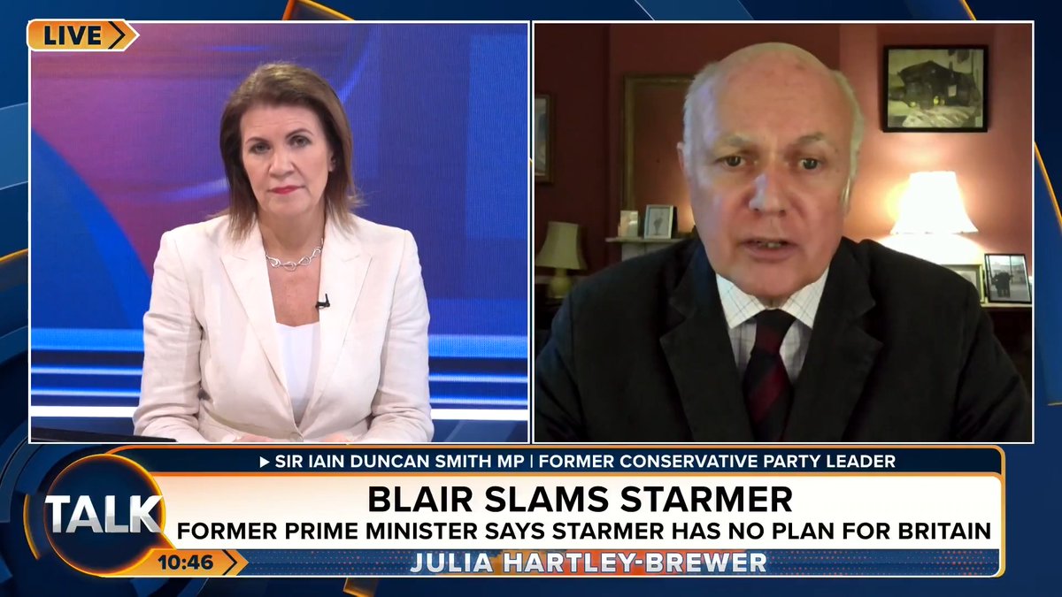🚨"Thatcher got elected because she got the economy growing. Changing leaders doesn't necessarily change your prospects." Ex-Tory leader Sir Iain Duncan Smith MP says he "agrees" with Tony Blair's criticism of Keir Starmer's track record. Julia Hartley-Brewer | Iain Duncan Smith MP Chingford & Woodford Green